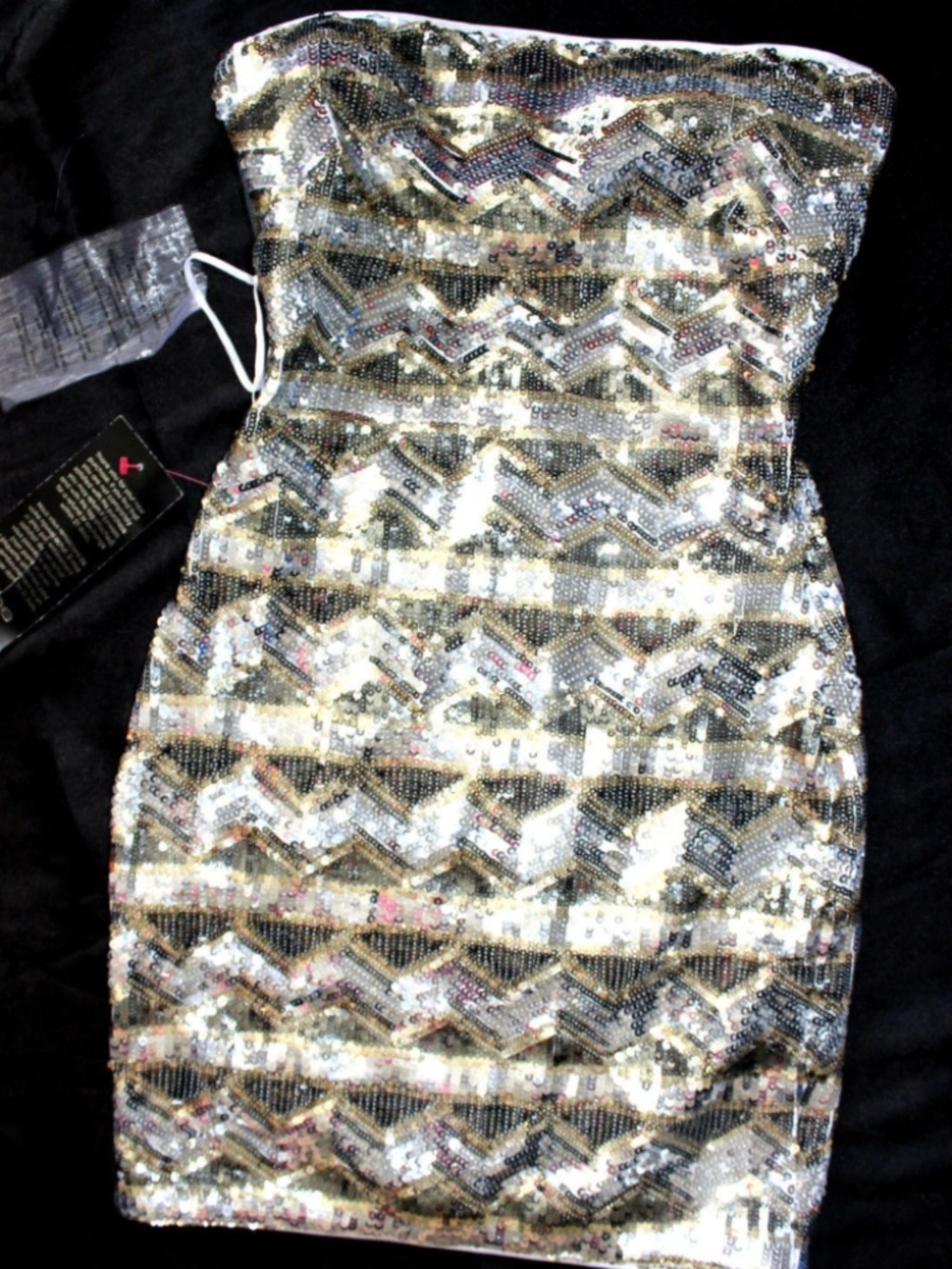 $180 NWT bebe silver gold sparkle sequin strapless floral bustier top dress - Picture 2 of 4